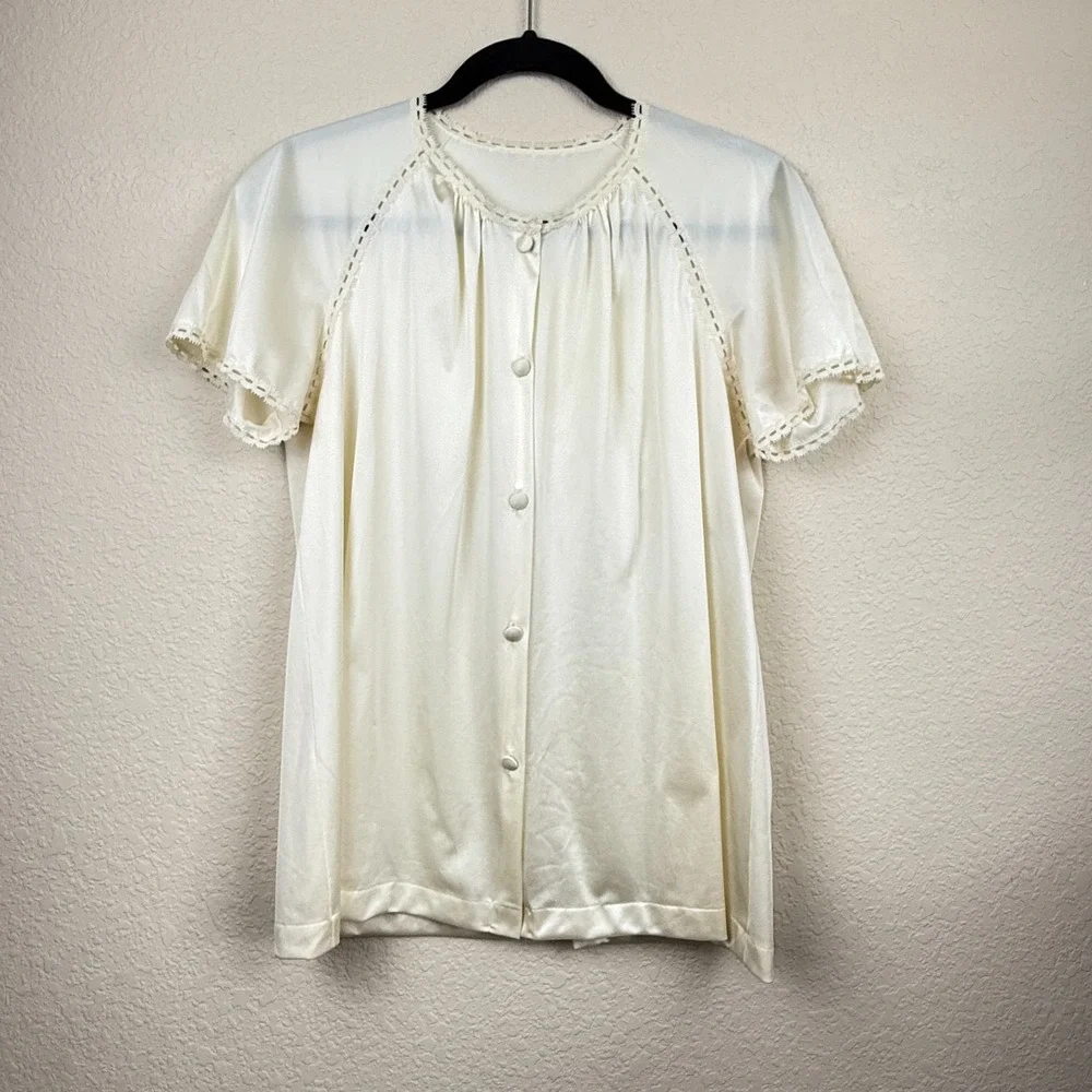 Vtg Vanity Fair Ivory Bed Jacket Nylon Tricot Flutter Sleeve Lace Trim USA Sz S